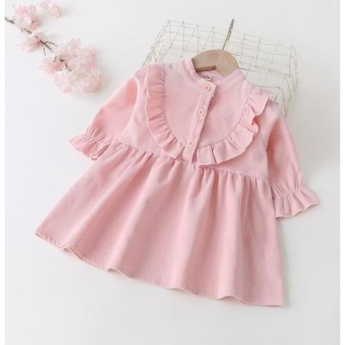 Spring Fall Baby Girl Clothes Kids Dress for Girl Solid Ruffles Long Flare Sleeve Sweet Princess Dress Birthday Girl Dress 0-18M