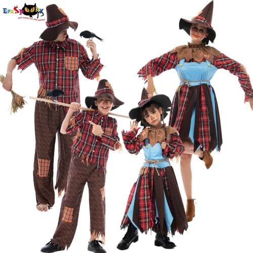 Eraspooky Creepy Scarecrow Family Cosplay Hat Halloween Costume For Adult Kids Group Matching Plaid Outfits Carnival Fancy Dress