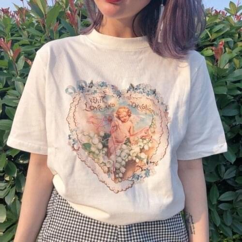 Sunfiz YF Women Vintage Style Cupid Flowers T-Shirt Korean Fashion Ulzzang Grunge White Tee Aesthetic Art Shirt