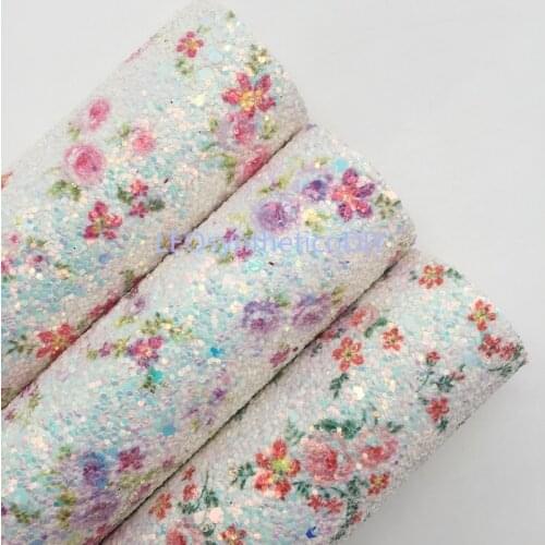 1PC 21X29CM Flowers Printed Glitter Fabric, Chunky Glitter Leather Sheets For Making Bows LEOsyntheticoDIY T333A