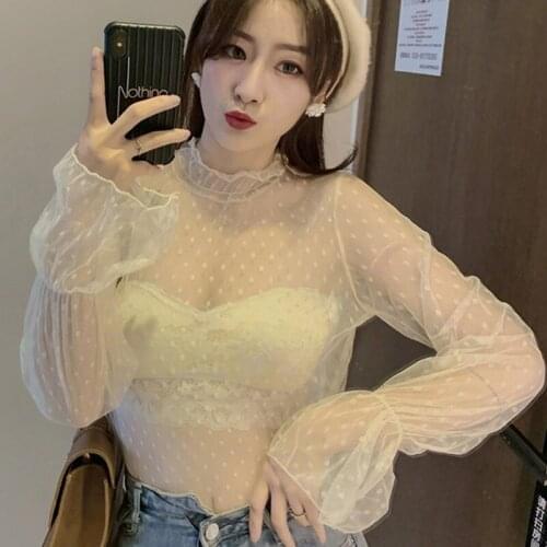 Female Korean Vintage Mesh T-Shirt Summer Lace Transparent T-Shirt Women Sexy Solid Print Perspective Hollow Mesh Tops