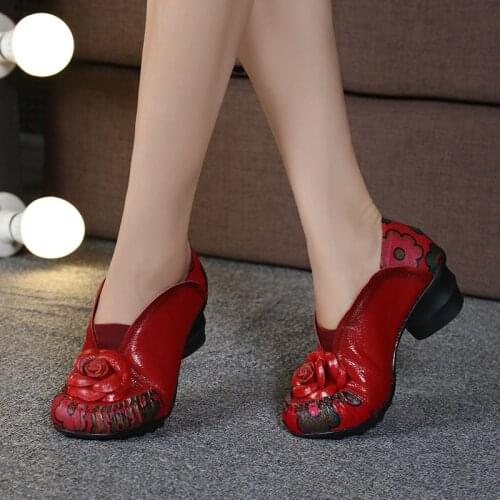 2020 Retro Style Flower Handmade Womens Shoes Pumps Soft Outsole Genuine Leather Square Heels Round Toe Shoes