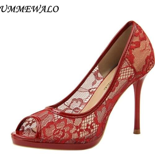 UMMEWALO High Heels Shoes Women Hollow out Design Peep Toe Pumps Super High Shoes Ladies Shoes