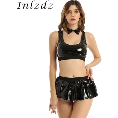 Womens Shiny Patent Leather Lingerie Suit Cosplay Outfit Scoop Neck Cropped Tank Top Elastic Waistband Mini Skirt with Bow Tie