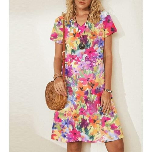 2021 Summer Ladies Dress Printed Ladies Short Sleeve Knee-length V-neck Office Dress Art Design Casual Streetwear Oversized