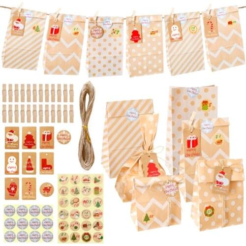 24sets Advent Calendar Christmas Kraft Gift Bag Dot Stripe Paper Bag with Number Sticker Xmas Tags New Year Party Packing Bag