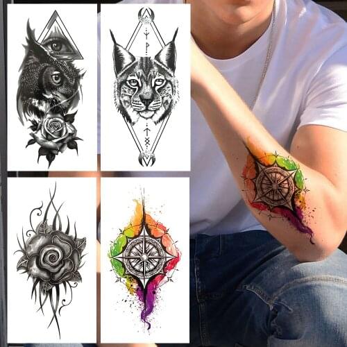 Watercolor Compass Fake Temporary Tattoo For Mem Women Flower Geometric Tiger Cat Tattoos Sticker Realistic Waterproof Tatoos