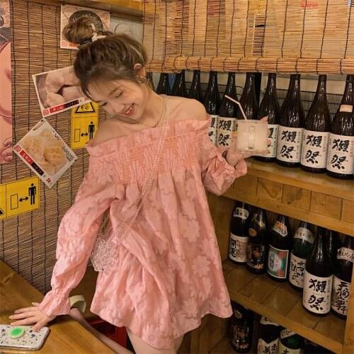 Loose Blouse Women Pink Floral Off Shoulder Slash Neck Summer Long Sleeve Ladies Tops Sweet Style Shirts Plus Size Female New