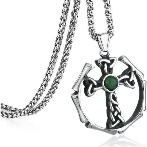 Stainless Steel Irish Knot Celtic Cross Pendant Necklace for Women Men Ancient Viking Green Opal Jewelry Gifts