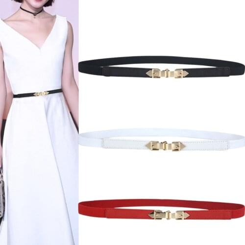 Black Alloy Buckle Thin Elastic Waistband Gold Buckles Women Skinny Belt Ladies Dress Cummerbund PU Leather Black Stretchy Belts