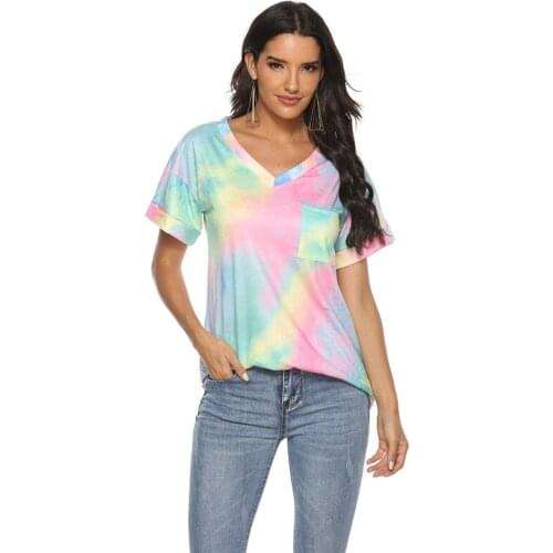Dropshipping Women Tie Dye Tshirt Short Sleeve Summer 2020 Chest Pocket Casual Short T-Shirts V-Neck Print Tees Camiseta mujer
