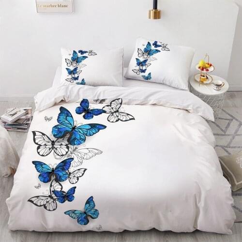 Euramerican 3D Blue Butterfly Design White Quilt Covers Duvet Cover Set Comforter Case King Queen Bed Linen Size Bedding Sets