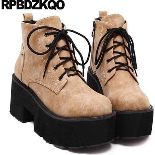 Harajuku Black Muffin Platform Flatform High Heel 2021 Side Zip Boots Booties Women Chunky Flat Brown Shoes European Lace Up