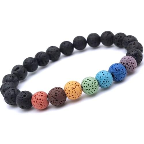 Healing Seven Chakras Bracelet 8mm Colourful Lava Stone Essential Oil Diffuser Black Beads Buddha Yoga Strand Jewelry Women Men