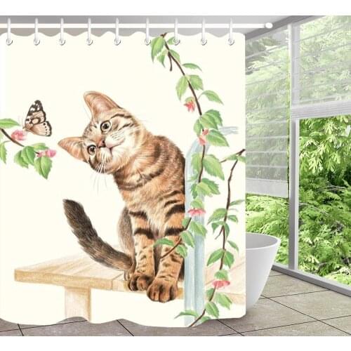 Cat and Butterfly Shower Curtain Set with Rug Extra Long Waterproof Eco-Friendly Bathroom Polyester Fabric for Bathtub Decor