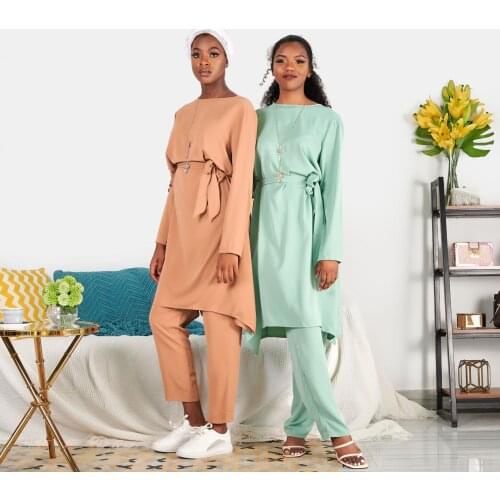 Eid Mubarek 2pcs Muslim Sets Abaya Suits Tops Pants Hijab Female Katfan Ramadan Eid Mubarak Arab Islamic Musulman Ensembles