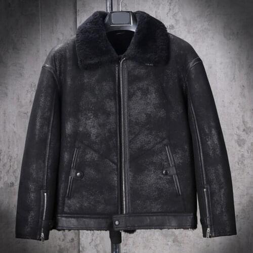 New Mens Black Shearling Jacket Short Fur Coat Retro Leather Jacket Thicken Wool Coat Fashion Motorcycle Jacket
