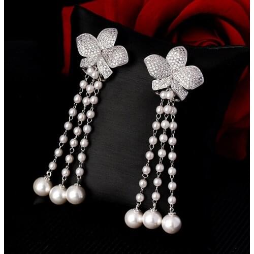 Fashion New Long Imitation Pearl Tassel Flower Earrings High Quality Cubic Zirconia Long Drop Earrings Earrings For Women