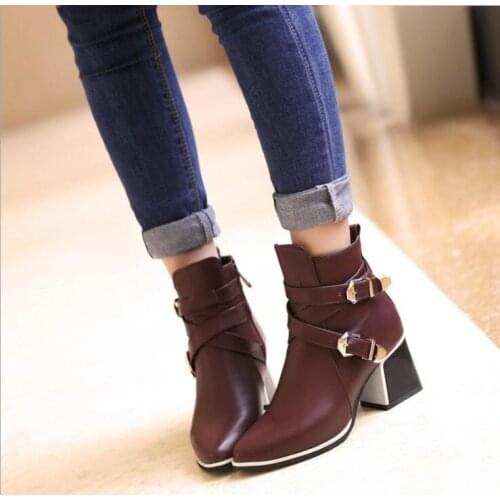 New Woman Pointed Toe Square Heel For Women Boots Fashion Buckle Ankle Boots Women Shoes Zipper Cheap High Heel Boots Large size
