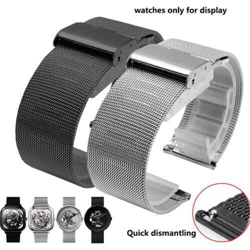 PEIYI watchband 18mm 20mm Stainless Steel Wristband Milanese Mesh Belt Waterproof Stra deployment buckle replace steel bracelet