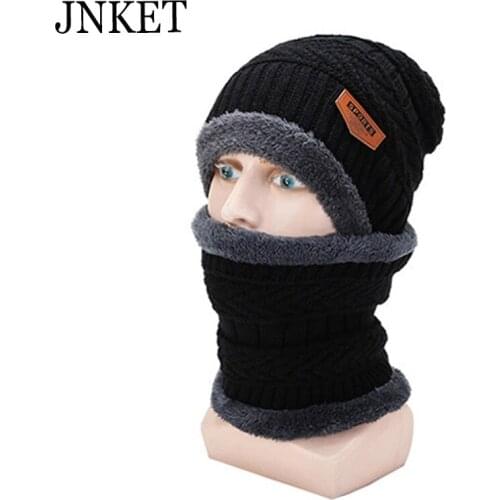 JNKET Casual Winter Neck Warmer Knitted Hat Sets Men Beanies Hat Fleece Lining Skullcap Scarf Elastic Knitted Cap Gorras Bonnet