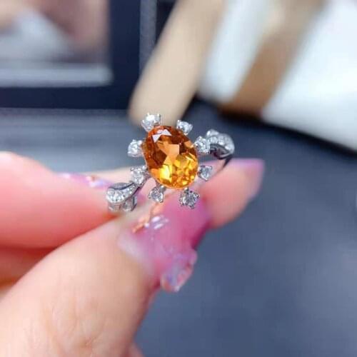 Real 925 Sterling Silver High-quality Natural Citrine Elliptical Particle Ring Fashion Fine Wedding Jewelry for Women MeiBaPJFS