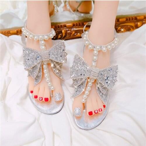 Nailed bead flip-toe Roman rhinestone bow coarse square heel with lady sandal fairy