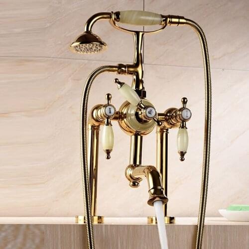 Luxury GOLD solid Brass Jade stone Bathroom Bath Hand Held Shower Head Kit Deck-mounted Bathtub Shower Faucet Sets-MD437