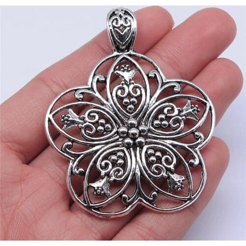 WYSIWYG 1pcs 67x53mm Flower Charm Pendants Antique Silver Color Flower Pendants Charm Big Flower Charm For Jewelry Making