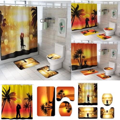 Romantic Dusk Lover Shower Curtain Happy Valentines Day Anti Slip Rug Lid Toilet Cover Bath Mat Set Bathroom Curtains 180*180cm