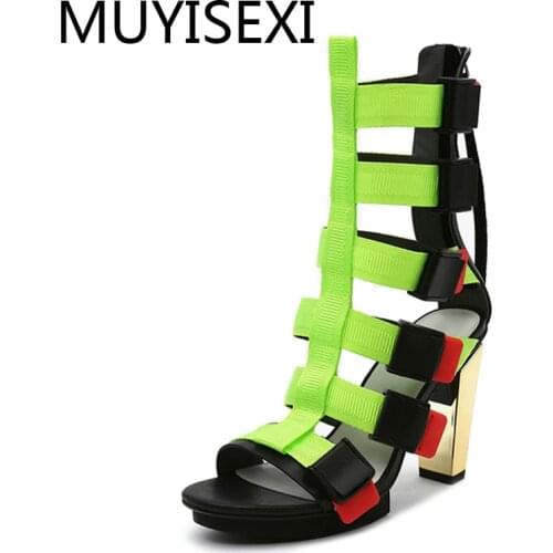 Gladiator Sandals Women 9 cm High Heel Shoes Woman Hollow Out Summer Boots Women Platform Pumps black green HL150 MUYISEXI