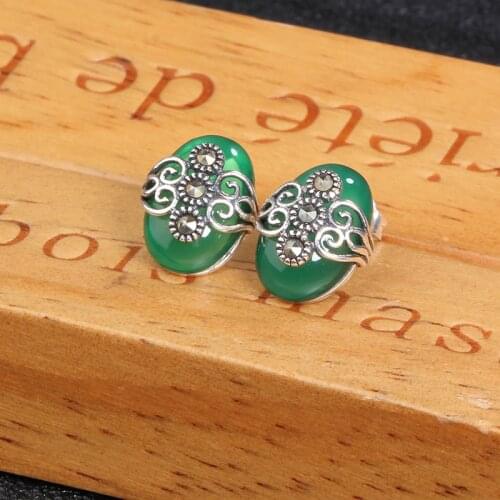 ZHJIASHUN 100% 925 Sterling Silver Chalcedony Agate Stud Earrings Natural Gemstones For Women Fine Jewelry Retro