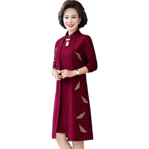 Womens Elegant Dress Set Spring Autumn Long-sleeved Top And Sleeveless Dress Two-piece Suit For Middle Aged Plus Size 5XL W2246