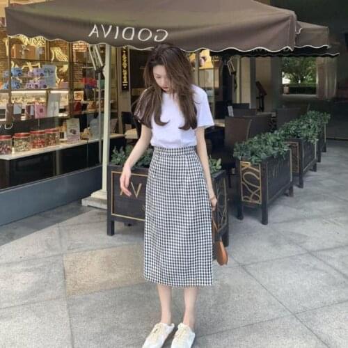 Spring Office Skirt Two-piece Suit Womens Summer 2021 Casual Fashion White Short Sleeve + Plaid Skirt