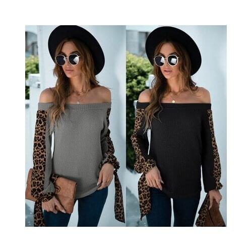 Womens Top Spring Autumn Leopard Print PulloverT-Shirts Patchwork One Word Collar Long Sleeve Color Matching Casual T Shirts