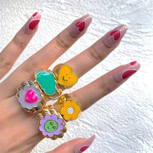 Punk Vintage Enamel Love Heart Flower Chunky Rings For Women Girls Retro Gold Color Drip Oil Clouds Flowers Rings Jewelry Gift