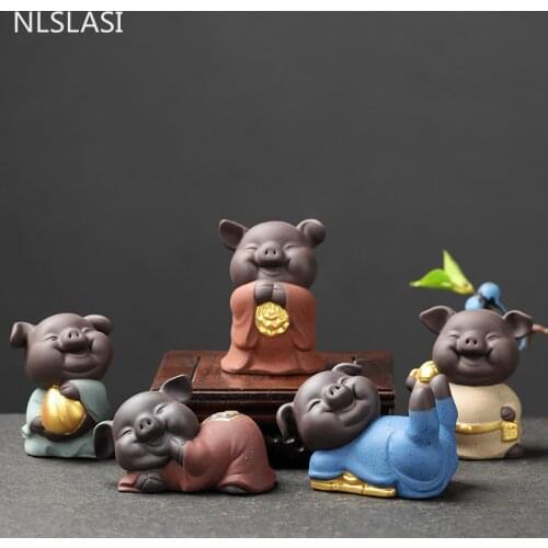 1PCS Yixing Purple Clay Tea pet Ornaments Lucky Pig Statue animal Figurine Handmade Tea decoration Accessories Desktop Crafts