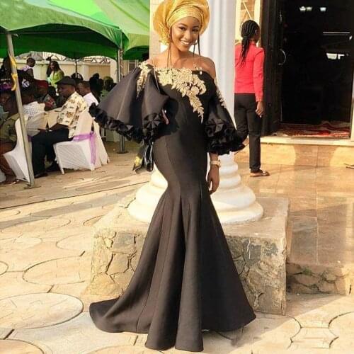 Aso Ebi Black Mermid Evening Dresses Nigerian Formal Dress Elegant Off Shoulder Prom Dresses Plus Size African Women
