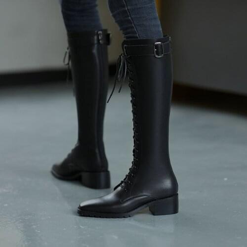 Elegant High Boots High Quality Cow Leather Fashion Design Lace-up Square Heel Shoes New Womens Boots