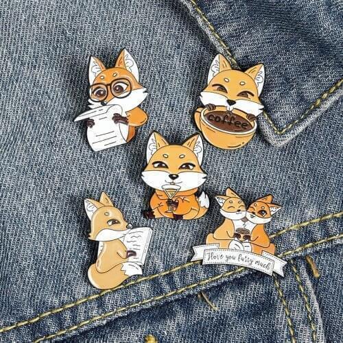 Lapel Pin Badge Cartoon Animal Brooch Fox Pines Coffee Book Enamel Pins Brooches Women Badges for Clothes Jewelry New Year Gifts