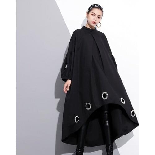 Black Loose High-Low Hollow A-Line Dress Women Fashion Trend Shirt Dress Autumn Spring Elegant Dress Ladies Office Party