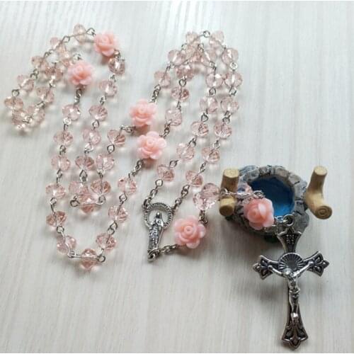 Pink Rose Crystal Rosary Necklace Catholic Vintage Cross Pendant Long Necklace Religious Jewelry