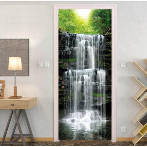 Door Sticker 3D Waterfall Nature Landscape Photo Wallpaper Waterproof Door Wallpaper Self-Adhesive Wall Decals Home Decoration