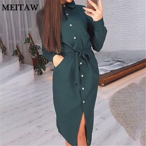 Elegant Turn-Down Collar Office Dress 2020 Women Autumn Solid Long Sleeve Buttons Shirt Dress Vintage Party Dresses