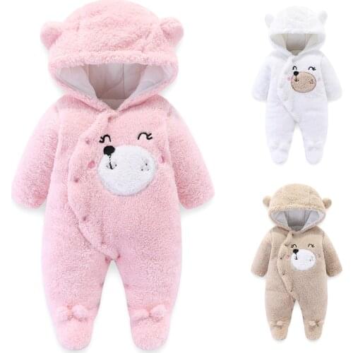 Baby Onesies Plush Bodysuit Boys Girls Cute Bear Hooded Foot-wrapped Fleece Infant Clothes Long Sleeve Infant Warm Winter Romper