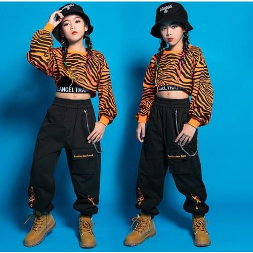 Hip Hop Dance Costumes Girls Kids Leopard Cropped Hoodie Tops Vest Casual Black Pants Street Dance Clothes Ballroom Dancing Wear