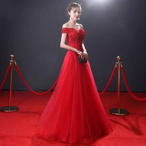 Red Toast Female Spring Dress Bride 2021 New Banquet Annual Party Evening Dress One-shoulder Long Wedding Dress A032