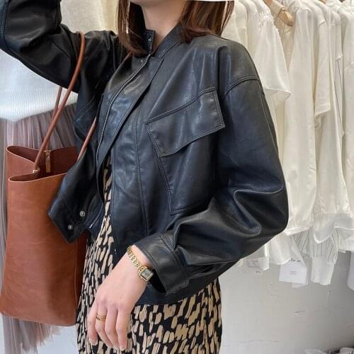 Oversized Faux Leather Jacket Women 2021 Soft Loose Motor Biker Pu Leather Coat Autumn Rocker Black Jackets Streetwear