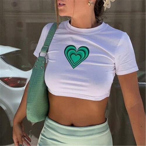 Summer 2021 Cropped Tops Tshirts Slim Women Sexy T-Shirts Clothes Love print short round neck shirt crop top Female clothing y2k