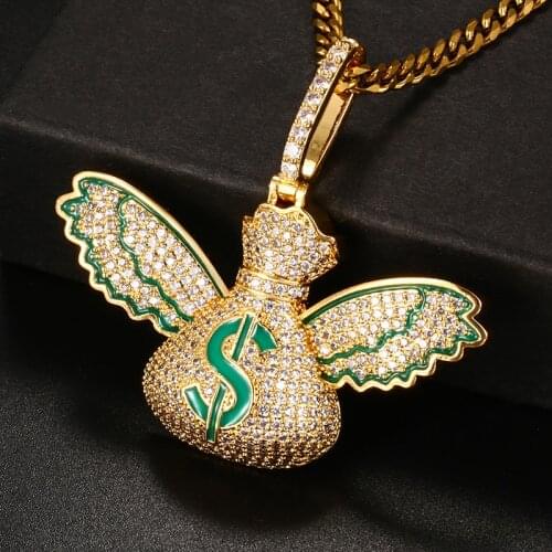 Moveon Dollar $ Sign Wallet Angel Wing Pendant Necklace Mens Hip Hop Jewelry Fashion Full Zircon Pendant Gift